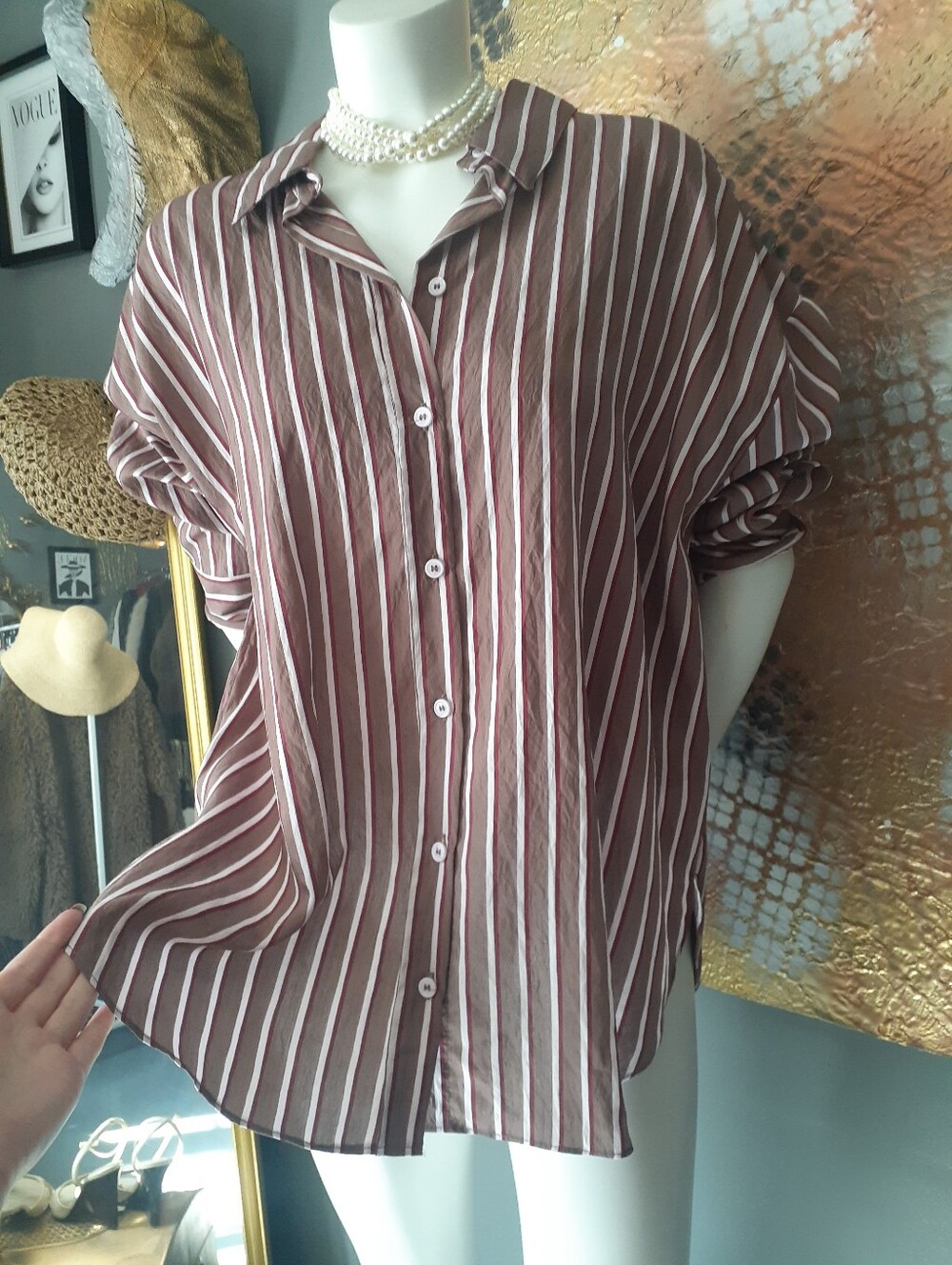 Zara Nwt Women's Striped Button-Up Shirt inbrown Burgundy and White